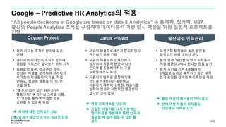 Google – Predictive HR Analytics의 적용
“All people decisions at Google are based on data & Analytics”  통계학, 심리학, MBA
출신의 People Analytics 조직을 구성하여 데이터분석 기반 인사 혁신을 위한 실험적 프로젝트를
진행
49
• 좋은 리더는 조직의 산소와 같은
존재
• 관리자의 리더십이 조직의 성과에
영향을 끼치는가 알아보기 위해 시작
• 팀원들의 설문, 성과관리 점수,
인터뷰 자료를 분석하여 관리자의
리더십이 직원들의 이직율, 작업
만족도, 성과에 영향을 끼친다는
것을 밝힘
• “좋은 리더가 되기 위한 8가지
행동규칙”  리더십 교육을 진행,
1:1코칭을 통하여 미흡한 점을
보완할 수 있도록 지원
 리더에 대한 만족도가 상승
 성과가 낮았던 조직의 성과가 상승
Oxygen Project Janus Project 출산여성 인력관리
• 여성인력 퇴직율이 높은 원인을
파악하기 위해 데이터 분석
• 분석 결과, 출산한 여성의 퇴직율이
직원 평균의 2배나 된다는 점을 발견
• 휴직 기간을 기존 3개월에서
5개월로 늘리고 휴직기간 동안 휴직
전과 동일한 급여와 복리후생을 제공
 출산 여성의 퇴사율이 50% 감소
 전체 여성 직원의 퇴직률도
산업평균 이하로 감소
• 구글의 채용프로세스가 합리적인지
판단하기 위해 진행
• 구글의 채용절차는 복잡하고
엄격하여 지원자 뿐만 아니라
인터뷰를 진행해야하는 구글
직원들에게도 부담
• 지원자의 당락을 결정하기에
인터뷰는 4번이면 충분하고
지원자의 대학이나 학점, 채용시험
성적이 성과와 직접적인 연관성이
없다는 것이 입증
 채용 프로세스를 단순화
 거절한 지원서를 다시 리뷰하는
알고리즘을 개발하여 특정 인재가
필요할 때 쉽게 찾을 수 있는 풀
관리
 