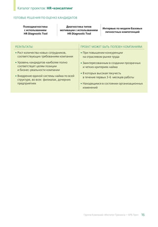 16Группа Компаний «Институт Тренинга — АРБ Про»
Каталог проектов: HR-консалтинг
РЕЗУЛЬТАТЫ: ПРОЕКТ МОЖЕТ БЫТЬ ПОЛЕЗЕН КОМПАНИЯМ:
• Рост количества новых сотрудников,
соответствующих требованиям компании
• Уровень кандидатов наиболее полно
соответствует целям позиции
и бизнес-реальности компании
• Внедрение единой системы найма по всей
структуре, во всех филиалах, дочерних
предприятиях
• При повышении конкуренции
на отраслевом рынке труда
• Заинтересованным в создании прозрачных
и четких критериях найма
• В которых высокая текучесть
в течение первых 3-6 месяцев работы
• Находящимся в состоянии организационных
изменений
ГОТОВЫЕ РЕШЕНИЯ ПО ОЦЕНКЕ КАНДИДАТОВ
Психодиагностика
с использванием
HR Diagnostic Tool
Диагностика типов
мотивации с использванием
HR Diagnostic Tool
Интервью по модели Базовых
личностных компетенций
 