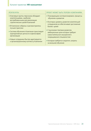 31Группа Компаний «Институт Тренинга — АРБ Про»
Каталог проектов: HR-консалтинг
РЕЗУЛЬТАТЫ: ПРОЕКТ МОЖЕТ БЫТЬ ПОЛЕЗЕН КОМПАНИЯМ:
• Ключевые группы персонала обладают
компетенциями, наиболее
востребованными для реализации
стратегических целей Компаний
• В Компании собраны и распространены
лучшие практики
• Система обучения в Компании транслирует
корпоративные ценности и философию
организации
• Новые сотрудники быстро адаптируются
к организационному контексту Компании
• Планирующим систематизировать процессы
обучения и развития
• В которых уровень развития компетенций
сотрудников не обеспечивает достижение
бизнес-целей
• С высокими темпами развития,
амбициозные цели которых требуют
самостоятельного внутреннего
«взращивания специалистов»
• Которым требуется сократить затраты
на внешнее обучение
 