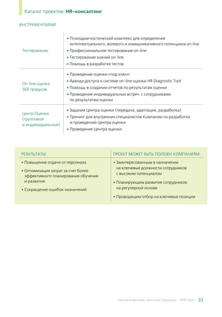 33Группа Компаний «Институт Тренинга — АРБ Про»
Каталог проектов: HR-консалтинг
ИНСТРУМЕНТАРИЙ
Тестирование
• Психодиагностический комплекс для определения
интеллектуального, волевого и коммуникативного потенциала on-line
• Профессиональное тестирование on-line
• Тестирование знаний on-line
• Помощь в разработке тестов
On-line оценка
360 градусов
• Проведение оценки «под ключ»
• Аренда доступа к системе on-line оценки HR Diagnostic Tool
• Помощь в создании отчетов по результатам оценки
• Проведение индивидуальных встреч с сотрудниками
по результатам оценки
Центр Оценки
(групповой
и индивидуальный)
• Задания Центра оценки (передача, адаптация, разработка)
• Тренинг для внутренних специалистов Компании по разработке
и проведению Центра оценки
• Проведение Центра оценки
РЕЗУЛЬТАТЫ: ПРОЕКТ МОЖЕТ БЫТЬ ПОЛЕЗЕН КОМПАНИЯМ:
• Повышение отдачи от персонала
• Оптимизация затрат за счет более
эффективного планирования обучения
и развития
• Сокращение ошибок назначений
• Заинтересованным в назначении
на ключевые должности сотрудников
с высоким потенциалом
• Планирующим развитие сотрудников
на регулярной основе
• Проводящим отбор на ключевые позиции
 