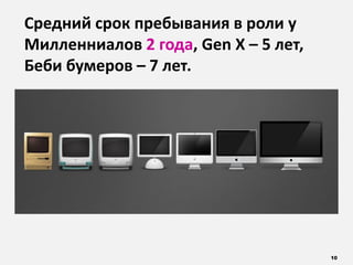 10
Средний срок пребывания в роли у
Милленниалов 2 года, Gen Х – 5 лет,
Беби бумеров – 7 лет.
 