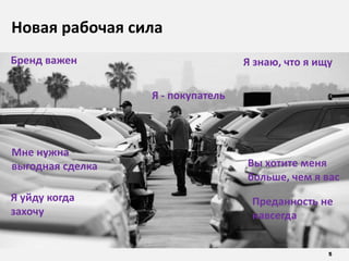 5
Новая рабочая сила
Бренд важен
Я - покупатель
Я знаю, что я ищу
Мне нужна
выгодная сделка
Я уйду когда
захочу
Вы хотите меня
больше, чем я вас
Преданность не
навсегда
 