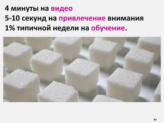 51
4 минуты на видео
5-10 секунд на привлечение внимания
1% типичной недели на обучение.
 