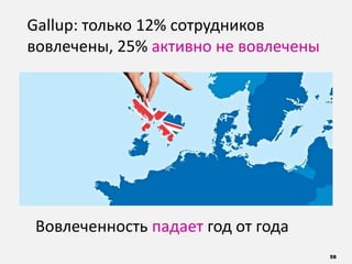 58
Gallup: только 12% сотрудников
вовлечены, 25% активно не вовлечены
Вовлеченность падает год от года
 