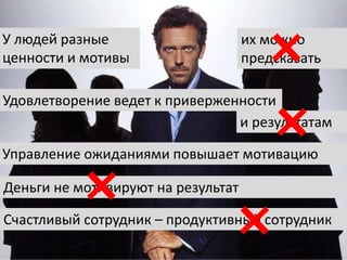 Деньги не мотивируют на результат
Счастливый сотрудник – продуктивный сотрудник
Управление ожиданиями повышает мотивацию
Удовлетворение ведет к приверженности
У людей разные
ценности и мотивы
их можно
предсказать
и результатам
 