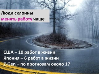 9
США – 10 работ в жизни
Япония – 6 работ в жизни
Z-Gen – по прогнозам около 17
Люди склонны
менять работу чаще
 