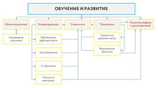 ОБУЧЕНИЕ И РАЗВИТИЕ
Организационное Индивидуальное Смешанное Тренировка
Развитиелидеров
и руководителей
Тренингна
рабочем месте
Формальные
тренинги
Управление
знаниями
Обучениена
рабочем месте
Самообучение
E-обучение
Коучинги
менторинг
 