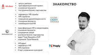 ЗНАКОМСТВО• запуск региона
• трансформационный проект
• снижениетекучести
• построение бизнес-партнерства
• перезапуск HR службы
• HR стратегия
• повышение удовлетворенности
• снижениетекучести
• малобюджетныйHR
• трансформация HR в новую модель
• снижениетекучести
• сокращение затрат
• усиление бизнес-партнерства
• аудит Total Rewards и EVP
• стратегия Total Rewards
• HR аудит
• перезапуск HR
• HR стратегия
• Старт управления культурой
 