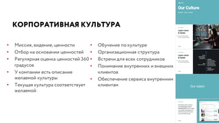 КОРПОРАТИВНАЯ КУЛЬТУРА
• Миссия, видение, ценности
• Отбор на основании ценностей
• Регулярная оценка ценностей 360
градусов
• У компании есть описание
желаемой культуры
• Текущая культура соответствует
желаемой
• Обучение по культуре
• Организационная структура
• Встречи для всех сотрудников
• Понимание внутренних и внешних
клиентов
• Обеспечение сервиса внутренним
клиентам
 