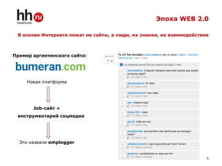 Эпоха WEB 2.0

 В основе Интернета лежат не сайты, а люди, их знания, их взаимодействие



Пример аргентинского сайта:




     Новая платформа




       Job-сайт +
 инструментарий соцмедиа




  Это назвали emplogger


                                                                       5
 