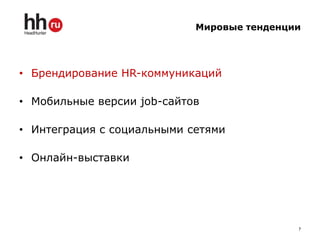 Мировые тенденции




• Брендирование HR-коммуникаций

• Мобильные версии job-сайтов

• Интеграция с социальными сетями

• Онлайн-выставки




                                            7
 