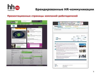 Брендированные HR-коммуникации

Презентационные страницы компаний-работодателей




                                                  8
 