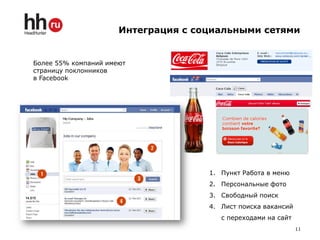 Интеграция с социальными сетями


Более 55% компаний имеют
страницу поклонников
в Facebook




                                     1. Пункт Работа в меню
                                     2. Персональные фото
                                     3. Свободный поиск
                                     4. Лист поиска вакансий
                                        с переходами на сайт
                                                               11
 