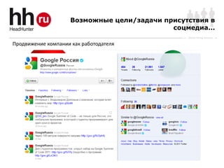 Возможные цели/задачи присутствия в
                                             соцмедиа...
                                                 Online Hiring Services

Продвижение компании как работодателя
 