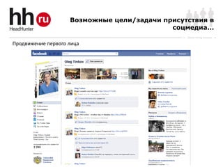 Возможные цели/задачи присутствия в
                                            соцмедиа...
                                                Online Hiring Services

Продвижение первого лица
 