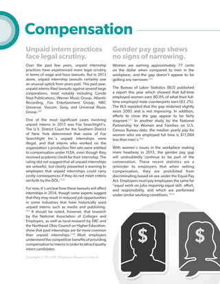 Compensation
Unpaid intern practices
face legal scrutiny.

Gender pay gap shows
no signs of narrowing.

Over the past few years, unpaid internship
practices have experienced more legal scrutiny
in terms of wage and hour lawsuits. But in 2013
alone, unpaid internship lawsuits certainly saw
an unusual uptick from years past. This past year,
unpaid interns filed lawsuits against several large
corporations, most notably including Condé
Nast Publications, Warner Music Group, Atlantic
Recording, Fox Entertainment Group, NBC
Universal, Viacom, Sony, and Universal Music
Group.[90]

Women are earning approximately 77 cents
on the dollar when compared to men in the
workplace, and the gap doesn't appear to be
getting any narrower.[24]

One of the most significant cases involving
unpaid interns in 2013 was Fox Searchlight's.
The U.S. District Court for the Southern District
of New York determined that some of Fox
Searchlight Inc.'s unpaid internships were
illegal, and that interns who worked on the
organization's production film sets were entitled
to compensation under FLSA, even though they
received academic credit for their internship. The
ruling did not suggest that all unpaid internships
are unlawful, but clearly presented a warning to
employers that unpaid internships could carry
costly consequences if they do not meet criteria
set forth by the DOL.[103]
For now, it's unclear how these lawsuits will affect
internships in 2014, though some experts suggest
that they may result in reduced job opportunities
in some industries that have historically used
unpaid interns such as media and publishing.
[90]
It should be noted, however, that research
by the National Association of Colleges and
Employers, as well as local research by ERC and
the Northeast Ohio Council on Higher Education,
show that paid internships are far more common
than unpaid internships.[108] Most employers
understand the competitive benefits of providing
compensation to interns in order to attract quality
intern candidates.
Copyright © 2013 ERC (Employers Resource Council)

The Bureau of Labor Statistics (BLS) published
a report this year which showed that full-time
employed women earn 80.9% of what their fulltime employed male counterparts earn (82.2%).
The BLS reported that the gap widened slightly
since 2005 and is not improving. In addition,
efforts to close the gap appear to be fairly
stagnant.[33] In another study by the National
Partnership for Women and Families on U.S.
Census Bureau data, the median yearly pay for
women who are employed full time is $11,084
less than men's.[82]
With women's issues in the workplace making
more headway in 2013, the gender pay gap
will undoubtedly continue to be part of the
conversation. These recent statistics are a
reminder to employers that when setting
compensation, they are prohibited from
discriminating based on sex under the Equal Pay
Act. Employers must pay employees the same for
"equal work on jobs requiring equal skill, effort,
and responsibility, and which are performed
under similar working conditions."[63]

33

 