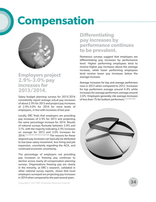Compensation
Differentiating
pay increases by
performance continues
to be prevalent.

Employers project
2.9%-3.0% pay
increases for
2013/2014.
Salary budget planning surveys for 2013/2014
consistently report average actual pay increases
of about 2.9% for 2013 and project pay increases
of 2.9%-3.0% for 2014 for most levels of
employees, in line with increases of last year.

Numerous surveys suggest that employers are
differentiating pay increases by performance
level. Higher performing employees tend to
receive higher pay increases above the average
increase, while lower performing employees
tend receive lower pay increases below the
average increase.
Average increases for top and average performers
rose in 2013 when compared to 2012. Increases
for top performers average around 4.4% while
increases for average performers average around
2.6%. Employers generally cite average increases
of less than 1% for bottom performers.[15] [102] [160]

Locally, ERC finds that employers are providing
pay increases of 2.9% for 2013 and projecting
the same percentage increase for 2014. Results
of national surveys fluctuate between 2.8% and
3.1%, with the majority indicating 2.9% increases
on average for 2013 and 3.0% increases for
2014.[15] [29] [47] [78] [102] [144] [160] The reasons for these
stagnant pay increases can typically be attributed
to low base salary movement, less hiring and job
expansion, uncertainty regarding the ACA, and
continued economic uncertainty.
The percentage of employers not providing
pay increases or freezing pay continues to
decline across nearly all compensation planning
surveys. Organizations freezing pay are clearly
in the minority, as ERC's research, validated in
other national survey reports, shows that most
employers surveyed are projecting pay increases
in 2014 when compared to the past several years.
Copyright © 2013 ERC (Employers Resource Council)

34

 