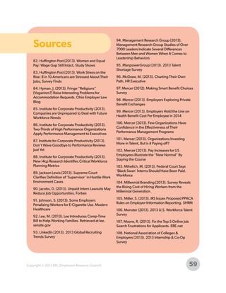 Sources
82. Huffington Post (2013). Women and Equal
Pay: Wage Gap Still Intact, Study Shows
83. Huffington Post (2013). Work Stress on the
Rise: 8 in 10 Americans are Stressed About Their
Jobs, Survey Finds
84. Hyman, J. (2013). Fringe “Religions”
(Veganism?) Raise Interesting Problems for
Accommodation Requests. Ohio Employer Law
Blog
85. Institute for Corporate Productivity (2013).
Companies are Unprepared to Deal with Future
Workforce Needs
86. Institute for Corporate Productivity (2013).
Two-Thirds of High Performance Organizations
Apply Performance Management to Executives
87. Institute for Corporate Productivity (2013).
Don't Wave Goodbye to Performance Reviews
Just Yet
88. Institute for Corporate Productivity (2013).
New i4cp Research Identifies Critical Workforce
Planning Metrics
89. Jackson Lewis (2013). Supreme Court
Clarifies Definition of ‘Supervisor’ in Hostile Work
Environment Cases
90. Jacobs, D. (2013). Unpaid Intern Lawsuits May
Reduce Job Opportunities. Forbes
91. Johnson, S. (2013). Some Employers
Penalizing Workers for E-Cigarette Use. Modern
Healthcare
92. Lee, M. (2013). Lee Introduces Comp-Time
Bill to Help Working Families. Retrieved at lee.
senate.gov
93. LinkedIn (2013). 2013 Global Recruiting
Trends Survey

Copyright © 2013 ERC (Employers Resource Council)

94. Management Research Group (2013).
Management Research Group Studies of Over
7000 Leaders Indicate Several Differences
Between Men and Women When It Comes to
Leadership Behaviors
95. ManpowerGroup (2013). 2013 Talent
Shortage Survey
96. McGraw, M. (2013). Charting Their Own
Path. HR Executive
97. Mercer (2012). Making Smart Benefit Choices
Survey
98. Mercer (2013). Employers Exploring Private
Benefit Exchanges
99. Mercer (2013). Employers Hold the Line on
Health Benefit Cost Per Employee in 2014
100. Mercer (2013). Few Organizations Have
Confidence in the Effectiveness of Their
Performance Management Programs
101. Mercer (2013). Organizations Investing
More in Talent, But is it Paying off?
102. Mercer (2013). Pay Increases for US
Employees Illustrate the "New Normal" By
Staying the Course
103. Mihelich, M. (2013). Federal Court Says
‘Black Swan’ Interns Should Have Been Paid.
Workforce
104. Millennial Branding (2013). Survey Reveals
the Rising Cost of Hiring Workers from the
Millennial Generation.
105. Miller, S. (2013). IRS Issues Proposed PPACA
Rules on Employer-Information Reporting. SHRM
106. Monster (2013). 2013 U.S. Workforce Talent
Survey
107. Moore, R. (2013). Fix the Top 5 Online Job
Search Frustrations for Applicants. ERE.net
108. National Association of Colleges &
Employers (2013). 2013 Internship & Co-Op
Survey

59

 