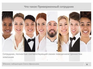 9
Что такое Приверженный сотрудник
Сотрудник, полностью соответствующий своим поведением Ценностям
компании
©Бизнес-лаборатория Олега Афанасьева
 