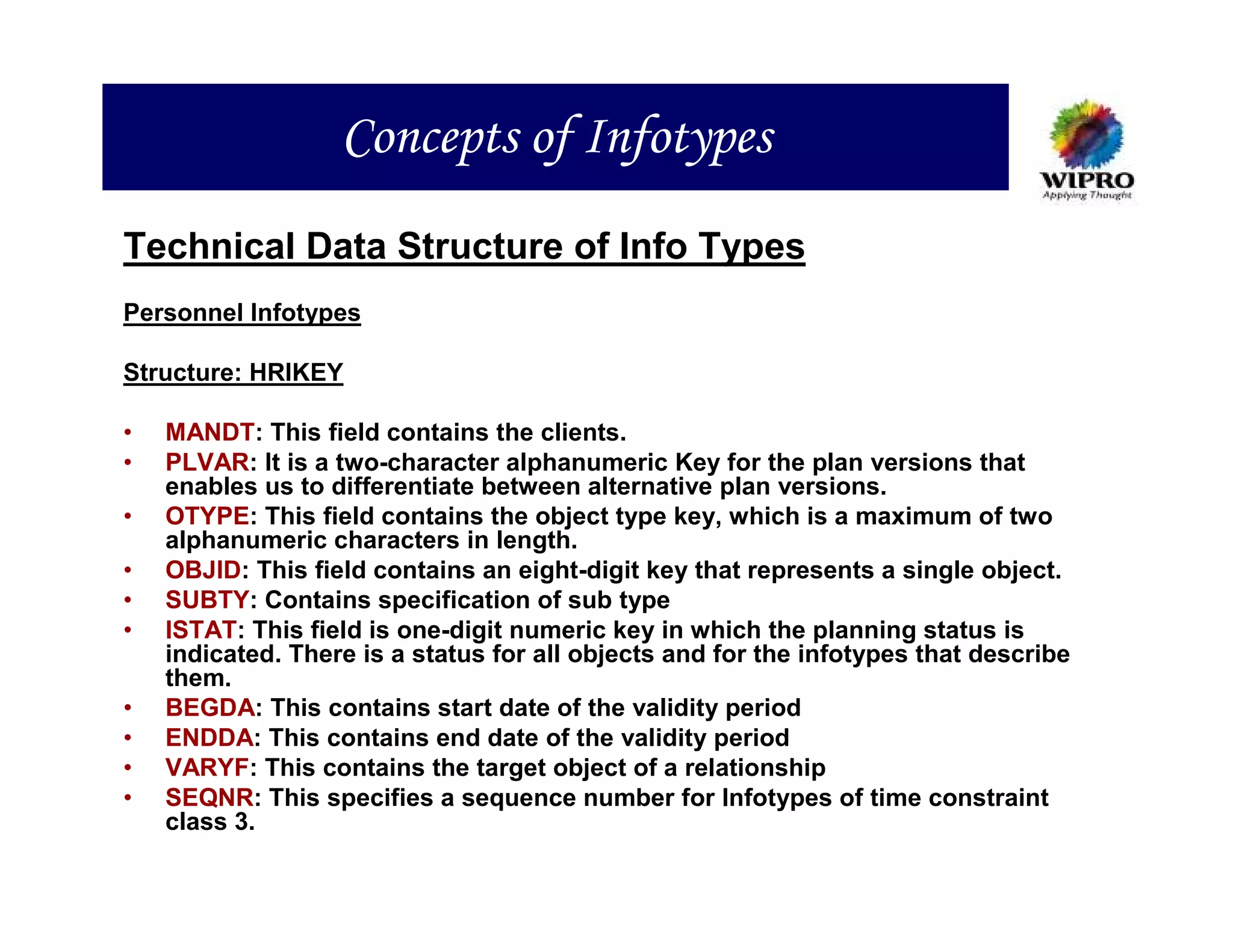Concepts of Infotypes
Technical Data Structure of Info Types
Personnel Infotypes

Structure: HRIKEY

•   MANDT: This field contains the clients.
•   PLVAR: It is a two-character alphanumeric Key for the plan versions that
    enables us to differentiate between alternative plan versions.
•   OTYPE: This field contains the object type key, which is a maximum of two
    alphanumeric characters in length.
•   OBJID: This field contains an eight-digit key that represents a single object.
•   SUBTY: Contains specification of sub type
•   ISTAT: This field is one-digit numeric key in which the planning status is
    indicated. There is a status for all objects and for the infotypes that describe
    them.
•   BEGDA: This contains start date of the validity period
•   ENDDA: This contains end date of the validity period
•   VARYF: This contains the target object of a relationship
•   SEQNR: This specifies a sequence number for Infotypes of time constraint
    class 3.
 