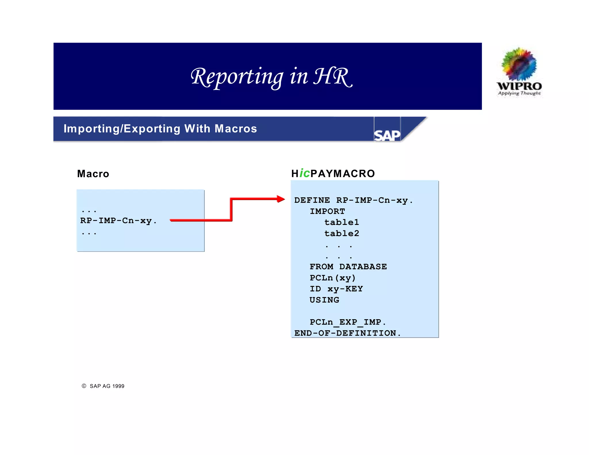 Reporting in HR
Importing/Exporting With Macros


  Macro                           H ic PAYM ACRO

                                  DEFINE RP-IMP-Cn-xy.
  ...                                IMPORT
  RP-IMP-Cn-xy.                        table1
  ...                                  table2
                                       . . .
                                       . . .
                                     FROM DATABASE
                                     PCLn(xy)
                                     ID xy-KEY
                                     USING

                                     PCLn_EXP_IMP.
                                  END-OF-DEFINITION.




   SAP AG 1999
 