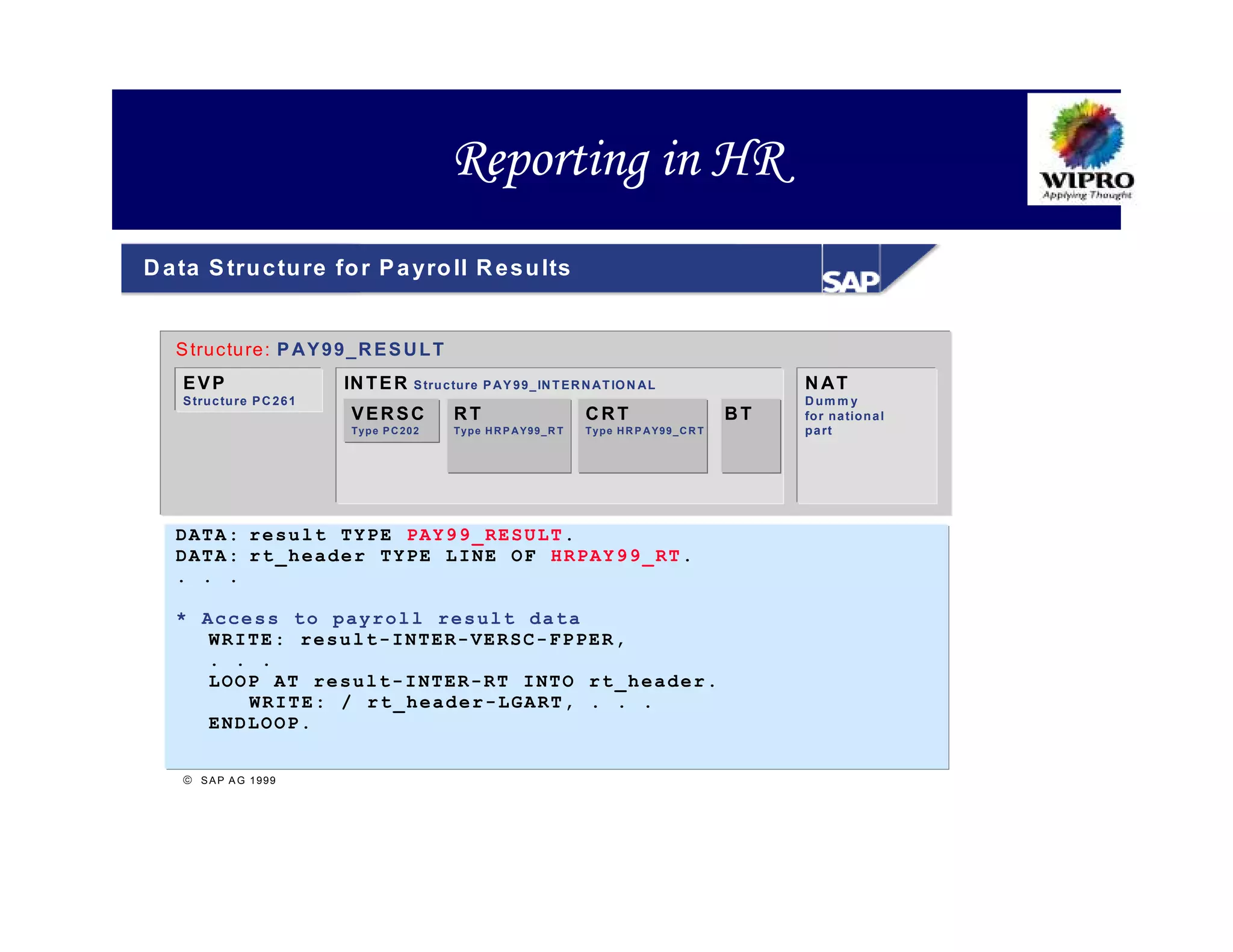 Reporting in HR
D a ta S tru c tu re fo r P a yro ll R e s u lts


   S tru ctu re : P A Y 9 9 _ R E S U L T
    EVP                      IN T E R   S tru c tu re P AY 9 9_ IN T E R N A T IO N A L               N AT
    S tru c tu re P C 26 1                                                                            D um m y
                             VERSC             RT                        CRT                     BT   fo r n a tio n a l
                             Type P C 202      Type H R P AY99_R T       Type H R P AY99_C R T        p a rt




   DATA: result TYPE PAY99_RESULT.
   DATA: rt_header TYPE LINE OF HRPAY99_RT.
   . . .

   * Access to payroll result data
      WRITE: result-INTER-VERSC-FPPER,
      . . .
      LOOP AT result-INTER-RT INTO rt_header.
         WRITE: / rt_header-LGART, . . .
      ENDLOOP.


     S A P A G 1999
 