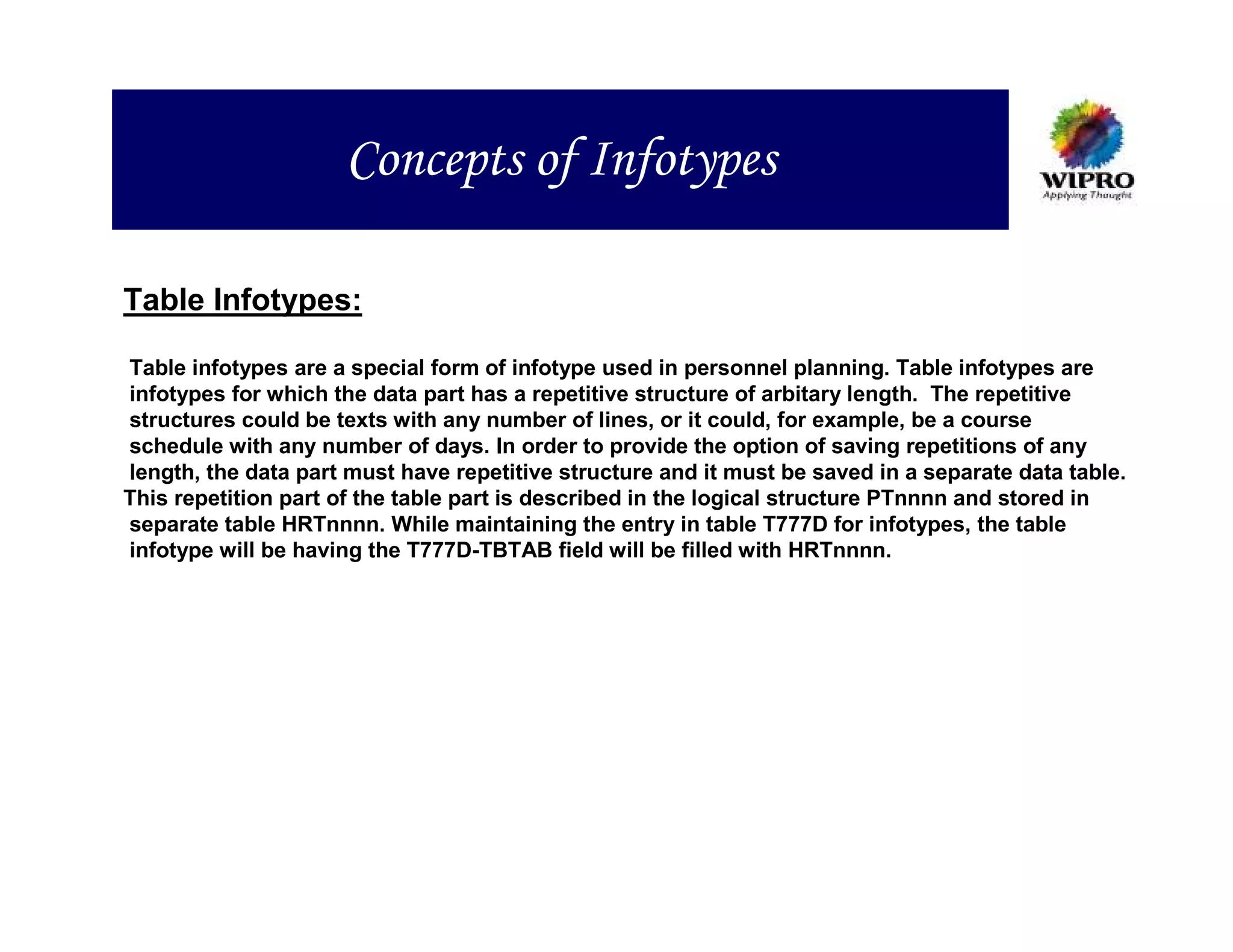 Concepts of Infotypes

Table Infotypes:

Table infotypes are a special form of infotype used in personnel planning. Table infotypes are
infotypes for which the data part has a repetitive structure of arbitary length. The repetitive
structures could be texts with any number of lines, or it could, for example, be a course
schedule with any number of days. In order to provide the option of saving repetitions of any
length, the data part must have repetitive structure and it must be saved in a separate data table.
This repetition part of the table part is described in the logical structure PTnnnn and stored in
separate table HRTnnnn. While maintaining the entry in table T777D for infotypes, the table
infotype will be having the T777D-TBTAB field will be filled with HRTnnnn.
 