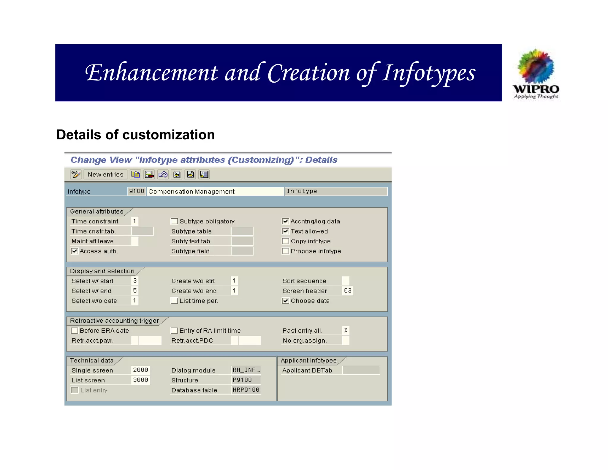 Enhancement and Creation of Infotypes

Details of customization
 