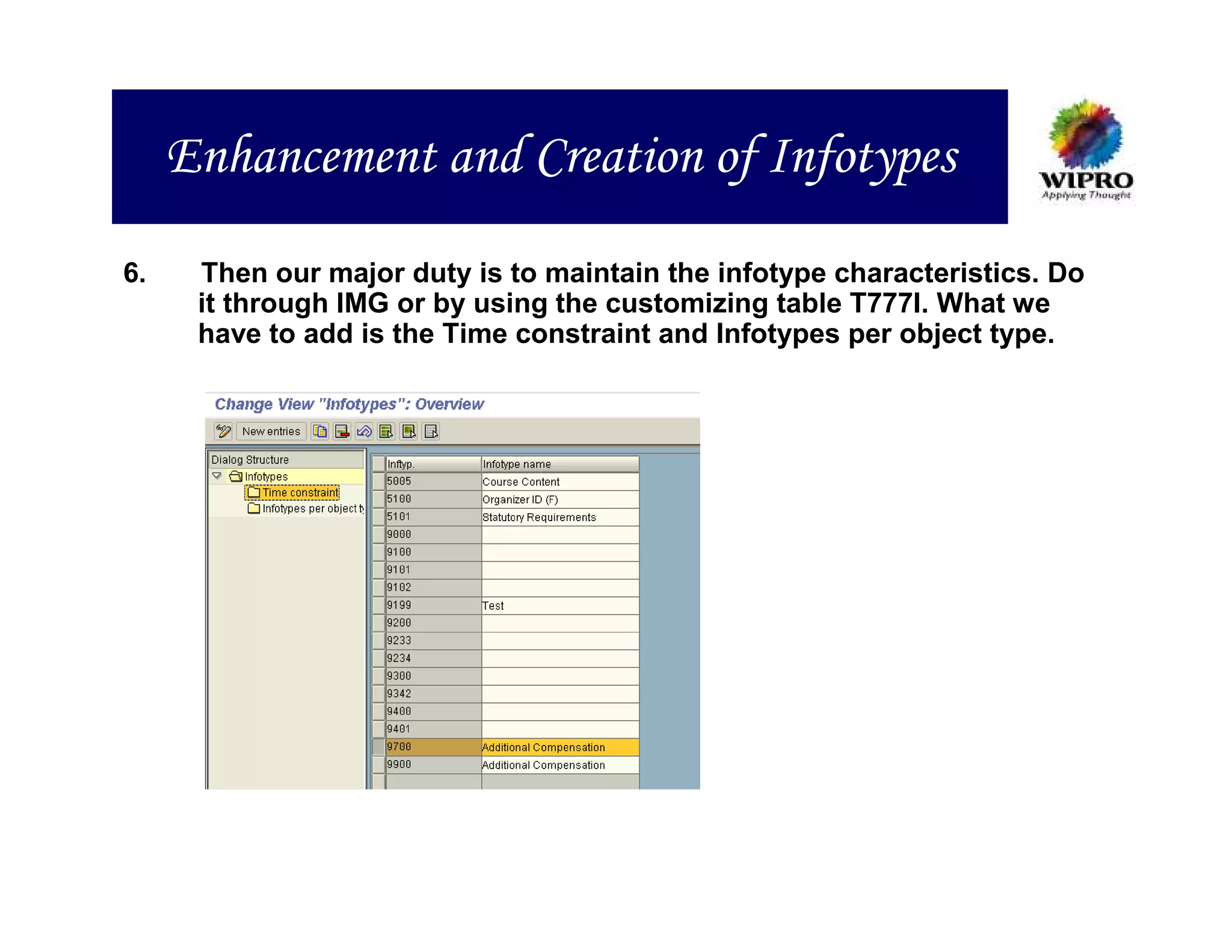 Enhancement and Creation of Infotypes
6.    Then our major duty is to maintain the infotype characteristics. Do
      it through IMG or by using the customizing table T777I. What we
      have to add is the Time constraint and Infotypes per object type.
 