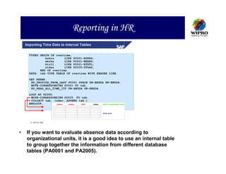 Reporting in HR
    Importing Time Data to Internal Tables


      TYPES: BEGIN OF overtime,
                bukrs      LIKE P0001-BUKRS,
                werks      LIKE P0001-WERKS,
                btrtl      LIKE P0001-BTRTL,
                stdaz      LIKE P2005-STDAZ,
             END OF overtime.
      DATA: tab TYPE TABLE OF overtime WITH HEADER LINE.

      GET PERNR.
       RP_PROVIDE_FROM_LAST P0001 SPACE PN-BEGDA PN-ENDDA.
       MOVE-CORRESPONDING P0001 TO tab.
       RP_READ_ALL_TIME_ITY PN-BEGDA PN-ENDDA.

      LOOP AT P2005.
       MOVE-CORRESPONDING P2005 TO tab.
       COLLECT tab. (oder: APPEND tab.)
      ENDLOOP.        bukrs werks  btrtl     stdaz   Work area(header line)



                                                     Data area



        SAP AG 1999




•   If you want to evaluate absence data according to
    organizational units, it is a good idea to use an internal table
    to group together the information from different database
    tables (PA0001 and PA2005).
 