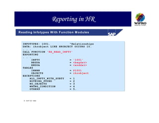 Reporting in HR
R ea d in g In fo typ e s W ith F u n c tio n M o d u les


   IN F OT Y PE S : 1 00 1 .                  " Re l at i on s hi p s
   DA T A: ih r ob j ec t L I KE HR O BJ E CT OC C UR S 1 0 .
   . . .
   CA L L F UN C TI O N ' RH _ RE A D_ I NF T Y'
   EX P OR T IN G
   . . .
           I NF T Y                           = ' 1 00 1 '
           B EG D A                           = < b eg d at >
           E ND D A                           = < e nd d at >
   TA B LE S
           I NN N N                           = P 1 00 1
           O BJ E CT S                        = i h ro b je c t
   EX C EP T IO N S
         A L L_ I NF T Y_ W IT H _S U BT Y    = 1
         N O TH I NG _ FO U ND                = 2
         N O _O B JE C TS                     = 3
         W R ON G _C O ND I TI O N            = 4
         O T HE R S                           = 5.



     S A P A G 1999
 