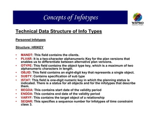 Concepts of Infotypes
Technical Data Structure of Info Types
Personnel Infotypes

Structure: HRIKEY

•   MANDT: This field contains the clients.
•   PLVAR: It is a two-character alphanumeric Key for the plan versions that
    enables us to differentiate between alternative plan versions.
•   OTYPE: This field contains the object type key, which is a maximum of two
    alphanumeric characters in length.
•   OBJID: This field contains an eight-digit key that represents a single object.
•   SUBTY: Contains specification of sub type
•   ISTAT: This field is one-digit numeric key in which the planning status is
    indicated. There is a status for all objects and for the infotypes that describe
    them.
•   BEGDA: This contains start date of the validity period
•   ENDDA: This contains end date of the validity period
•   VARYF: This contains the target object of a relationship
•   SEQNR: This specifies a sequence number for Infotypes of time constraint
    class 3.
 