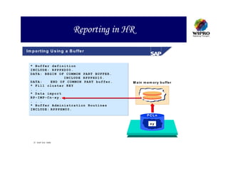 Reporting in HR
Im p o rtin g U s in g a B u ffe r


  * Buffer definition
  INCLUDE: RPPPXD00.
  DATA: BEGIN OF COMMON PART BUFFER.
                 INCLUDE RPPPXD10.
  DATA:    END OF COMMON PART buffer.    M a in m e m o ry b u ffe r
  * Fill cluster KEY
  . . .
  * Data import
  RP-IMP-Cn-xy.
  . . .
  * Buffer Administration Routines
  INCLUDE: RPPPXM00.
                                                  PCLn

                                                     xy




     S A P A G 1999
 