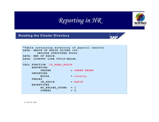 Reporting in HR
R e a d in g th e C lu s te r D ir e c to ry



   *Table containing directory of payroll results
   DATA: BEGIN OF RGDIR OCCURS 100.
           INCLUDE STRUCTURE PC261.
   DATA: END OF RGDIR.
   DATA: COUNTRY LIKE T001P-MOLGA.
   ...
   CALL FUNCTION 'CU_READ_RGDIR'
        EXPORTING
             PERSNR           = PERNR-PERNR
        IMPORTING
             MOLGA            = country
        TABLES
             IN_RGDIR         = RGDIR
        EXCEPTIONS
             NO_RECORD_FOUND  = 1
             OTHERS           = 2.



     S A P A G 1999
 