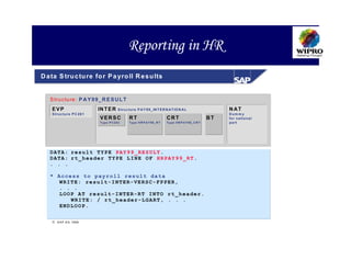 Reporting in HR
D a ta S tru c tu re fo r P a yro ll R e s u lts


   S tru ctu re : P A Y 9 9 _ R E S U L T
    EVP                      IN T E R   S tru c tu re P AY 9 9_ IN T E R N A T IO N A L               N AT
    S tru c tu re P C 26 1                                                                            D um m y
                             VERSC             RT                        CRT                     BT   fo r n a tio n a l
                             Type P C 202      Type H R P AY99_R T       Type H R P AY99_C R T        p a rt




   DATA: result TYPE PAY99_RESULT.
   DATA: rt_header TYPE LINE OF HRPAY99_RT.
   . . .

   * Access to payroll result data
      WRITE: result-INTER-VERSC-FPPER,
      . . .
      LOOP AT result-INTER-RT INTO rt_header.
         WRITE: / rt_header-LGART, . . .
      ENDLOOP.


     S A P A G 1999
 