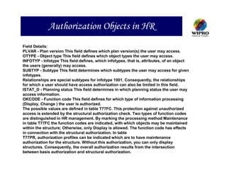 Authorization Objects in HR
Field Details:
PLVAR - Plan version This field defines which plan version(s) the user may access.
OTYPE - Object type This field defines which object types the user may access.
INFOTYP - Infotype This field defines, which infotypes, that is, attributes, of an object
the users (generally) may access.
SUBTYP - Subtype This field determines which subtypes the user may access for given
infotypes.
Relationships are special subtypes for infotype 1001. Consequently, the relationships
for which a user should have access authorization can also be limited in this field.
ISTAT_D - Planning status This field determines in which planning status the user may
access information.
OKCODE - Function code This field defines for which type of information processing
(Display, Change ) the user is authorized.
The possible values are defined in table T77FC. This protection against unauthorized
access is extended by the structural authorization check. Two types of function codes
are distinguished in HR management. By marking the processing method Maintenance
in table T77FC the function codes are indicated, with which objects may be maintained
within the structure; Otherwise, only Display is allowed. The function code has effects
in connection with the structural authorization. In table
T77PR, authorization profiles can be indicated which are to have maintenance
authorization for the structure. Without this authorization, you can only display
structures. Consequently, the overall authorization results from the intersection
between basis authorization and structural authorization.
 
