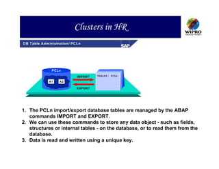 Clusters in HR
DB Table Adm inistration/ PCLn




              PCLn
                            IM PORT   TABLES: PCLn.

             A1    A2

                            EXPORT




1. The PCLn import/export database tables are managed by the ABAP
   commands IMPORT and EXPORT.
2. We can use these commands to store any data object - such as fields,
   structures or internal tables - on the database, or to read them from the
   database.
3. Data is read and written using a unique key.
 