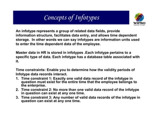 Concepts of Infotypes
An infotype represents a group of related data fields, provide
information structure, facilitates data entry, and allows time dependent
storage. In other words we can say infotypes are information units used
to enter the time dependent data of the employee.

Master data in HR is stored in infotypes .Each infotype pertains to a
specific type of data. Each infotype has a database table associated with
it.

Time constraints: Enable you to determine how the validity periods of
Infotype data records interact.
1. Time constraint 1: Exactly one valid data record of the infotype in
   question must exist for the entire time that the employee belongs to
   the enterprise.
2. Time constraint 2: No more than one valid data record of the infotype
   in question can exist at any one time.
3. Time constraint 3: Any number of valid data records of the infotype in
   question can exist at any one time.
 