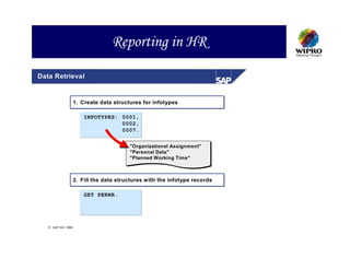 Reporting in HR

Data Retrieval


                   1. Create data structures for infotypes

                       INFOTYPES: 0001,
                                  0002,
                                  0007.

                                        "Organizational Assignment"
                                        "Personal Data"
                                        "Planned Working Time"



                   2. Fill the data structures with the infotype records

                       GET PERNR.




    SAP AG 1999
 