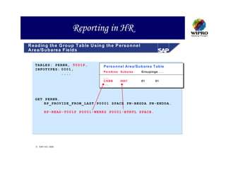Reporting in HR
R e ad in g th e G ro u p T a b le U sin g th e P e rso n n e l
A rea/S u b a re a F ie ld s


   TABLES: PERNR, T001P.                  P e rs o n n e l Are a /S u b a re a T a b le
   INFOTYPES: 0001,
                                          P e rs Are a   S u b a re a   G ro u p in g s . . .
              ....
                                          ...
                                          CABB           00 0 1         01           01
                                          ...




   GET PERNR.
       RP_PROVIDE_FROM_LAST P0001 SPACE PN-BEGDA PN-ENDDA.

            RP-READ-T001P P0001-WERKS P0001-BTRTL SPACE.




     S A P A G 1 99 9
 