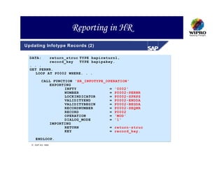 Reporting in HR
Updating Infotype Records (2)

  DATA:            return_struc TYPE bapireturn1,
                   record_key   TYPE bapipakey.
  . . .
  GET PERNR.
     LOOP AT P0002 WHERE. . .

          CALL FUNCTION 'HR_INFOTYPE_OPERATION'
             EXPORTING
                    INFTY              = '0002'
                    NUMBER             = P0002-PERNR
                    LOCKINDICATOR      = P0002-SPRPS
                    VALIDITYEND        = P0002-ENDDA
                    VALIDITYBEGIN      = P0002-BEGDA
                    RECORDNUMBER       = P0002-SEQNR
                    RECORD             = P0002
                    OPERATION          = 'MOD'
                    DIALOG_MODE        = '1'
             IMPORTING
                    RETURN             = return-struc
                    KEY                = record_key.

     ENDLOOP.
   SAP A G 1999
 