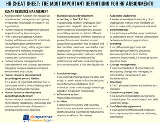 HR CHEAT SHEET: THE MOST IMPORTANT DEFINITIONS FOR HR ASSIGNMENTS
HUMAN RESOURCE MANAGEMENT
An organization function that focuses on
recruitment of, management and giving
direction for individuals who work in an
organization.
Human resource management can also
be performed by line managers.
HRM is an organizational function
dealing with issues related to individuals,
like compensation, performance
management, hiring, safety, organization
development, wellness, employee
motivation, benefits, administration,
training and communication.
Human resource management is a
comprehensive and strategic approach in
managing people as well as workplace
environment and culture.
Human resource development
according to Leonard Nadler:
It is a series of organized activities that is
conducted within a time and designed in
producing behavioral changes.
Human resource development
according to M.M Khan:
Human resource development is across
of increasing capabilities, knowledge and
positive work attitudes of all persons
working at all levels in business.
Human resource development
according to Prof. T.V. Rao:
It is a process in which employees of an
organization helped in planned and
continuous way to sharpen and acquire
capabilities needed to perform different
functions associated with their expected or
present future roles; develop journal
capabilities as a person and to exploit and
discover their own inner potential for their
organization development purpose; and
develop an organization culture in which
superior-subordinate relationship,
collaborating and team work among sub-
units are strongAdd a little bit of body text
Absolute ratings:
It is a method of rating where the rater will
assign a certain value on fixed scale based
on performance or behavior of an
individual rather than to assign the ratings
based on the people comparison.
Affirmative action:
Positive discrimination.
Attrition:
It describes involuntary and voluntary
terminations, employee retirements and
deaths resulting in employee reduction to
physical workforce of employer.
Autocratic leadership:
A leader where determines policy of an
organization, instruct their members on
what to make or do, impersonal and aloof.
Benchmarking:
It is a technique with the use of qualitative
or quantitative data in making comparisons
between sections or organizations.
Branding:
It is a differentiating process and
identifying organization’s processes,
services or products from another
company by providing it a name, phrase or
any other mark.
Change management:
It is an intended effort of organization in
anticipating change and managing its
introduction, consequences and
implementation.
Coaching:
A 1-to-1 process between subordinate and
manager.
Competency-based pay:
It is a system compensation recognizing
the employees for breadth, depth and skills
types they apply.
Confidentiality agreement:
It is an agreement that restrict employee
from proprietary information or disclosing
information.
 