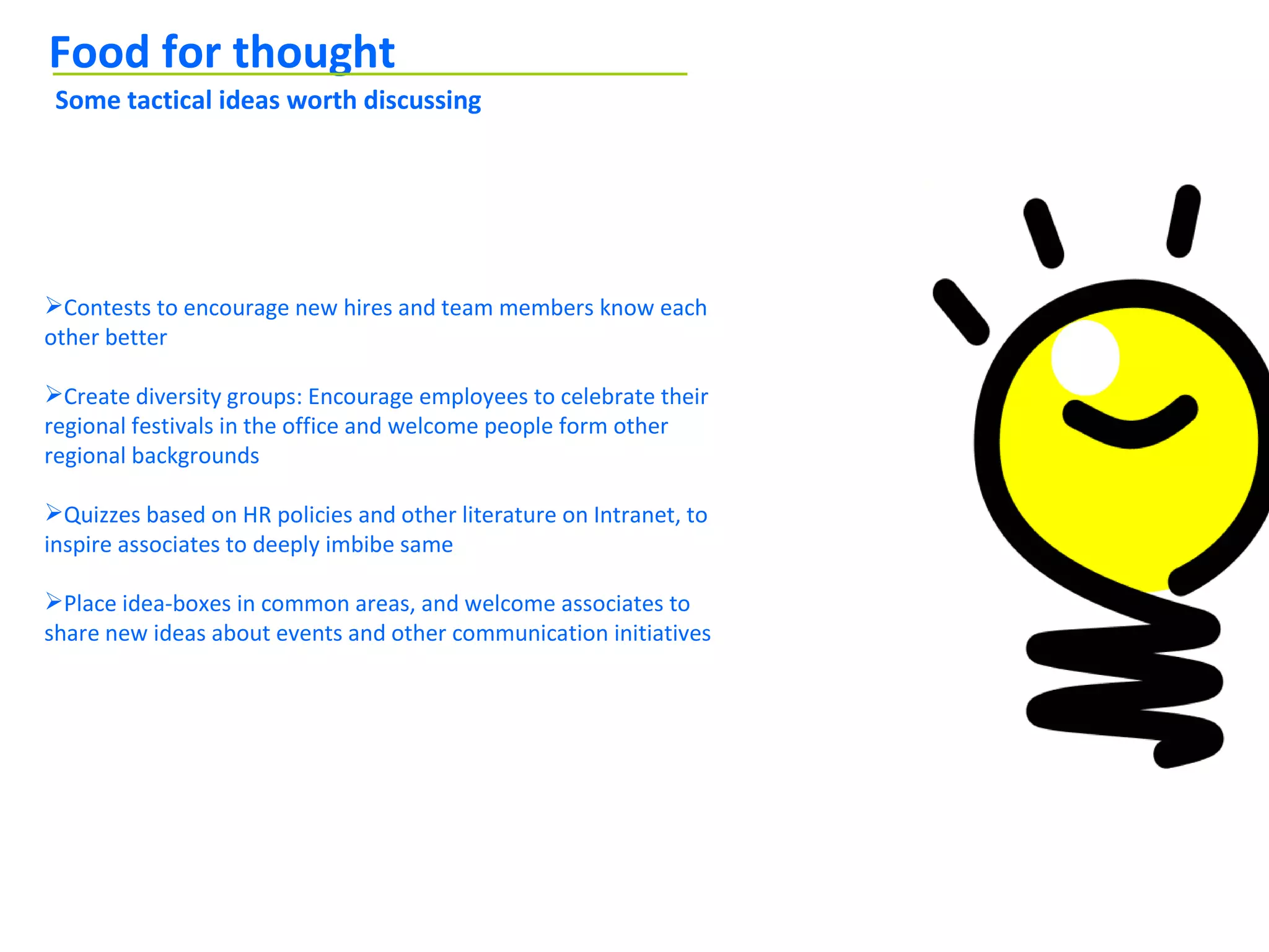 Food for thought
 Some tactical ideas worth discussing




Contests to encourage new hires and team members know each
other better

Create diversity groups: Encourage employees to celebrate their
regional festivals in the office and welcome people form other
regional backgrounds

Quizzes based on HR policies and other literature on Intranet, to
inspire associates to deeply imbibe same

Place idea-boxes in common areas, and welcome associates to
share new ideas about events and other communication initiatives
 