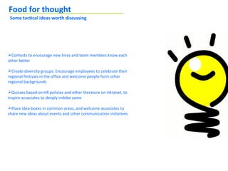 Food for thought
 Some tactical ideas worth discussing




Contests to encourage new hires and team members know each
other better

Create diversity groups: Encourage employees to celebrate their
regional festivals in the office and welcome people form other
regional backgrounds

Quizzes based on HR policies and other literature on Intranet, to
inspire associates to deeply imbibe same

Place idea-boxes in common areas, and welcome associates to
share new ideas about events and other communication initiatives
 