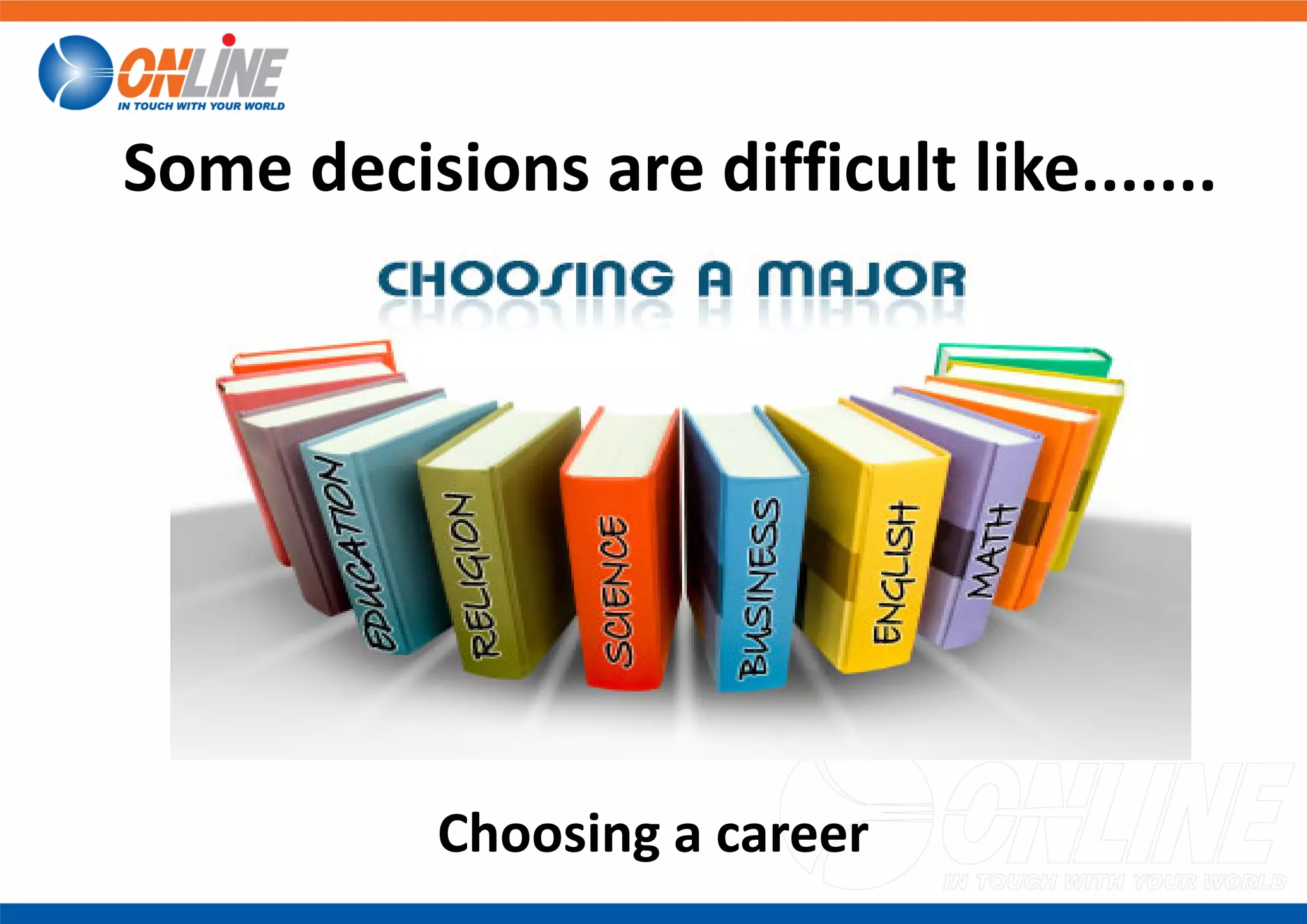 Some decisions are difficult like.......
Choosing a career
 