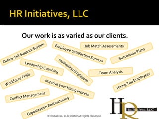 Our work is as varied as our clients. HR Initiatives, LLC ©2009 All Rights Reserved Online  HR Support System Motivating Employees Job Match Assessments Hiring Top Employees Employee Satisfaction Surveys Leadership Coaching Organization Restructuring Team Analysis Succession Plans Workforce Crisis Conflict Management Improve your Hiring Process 
