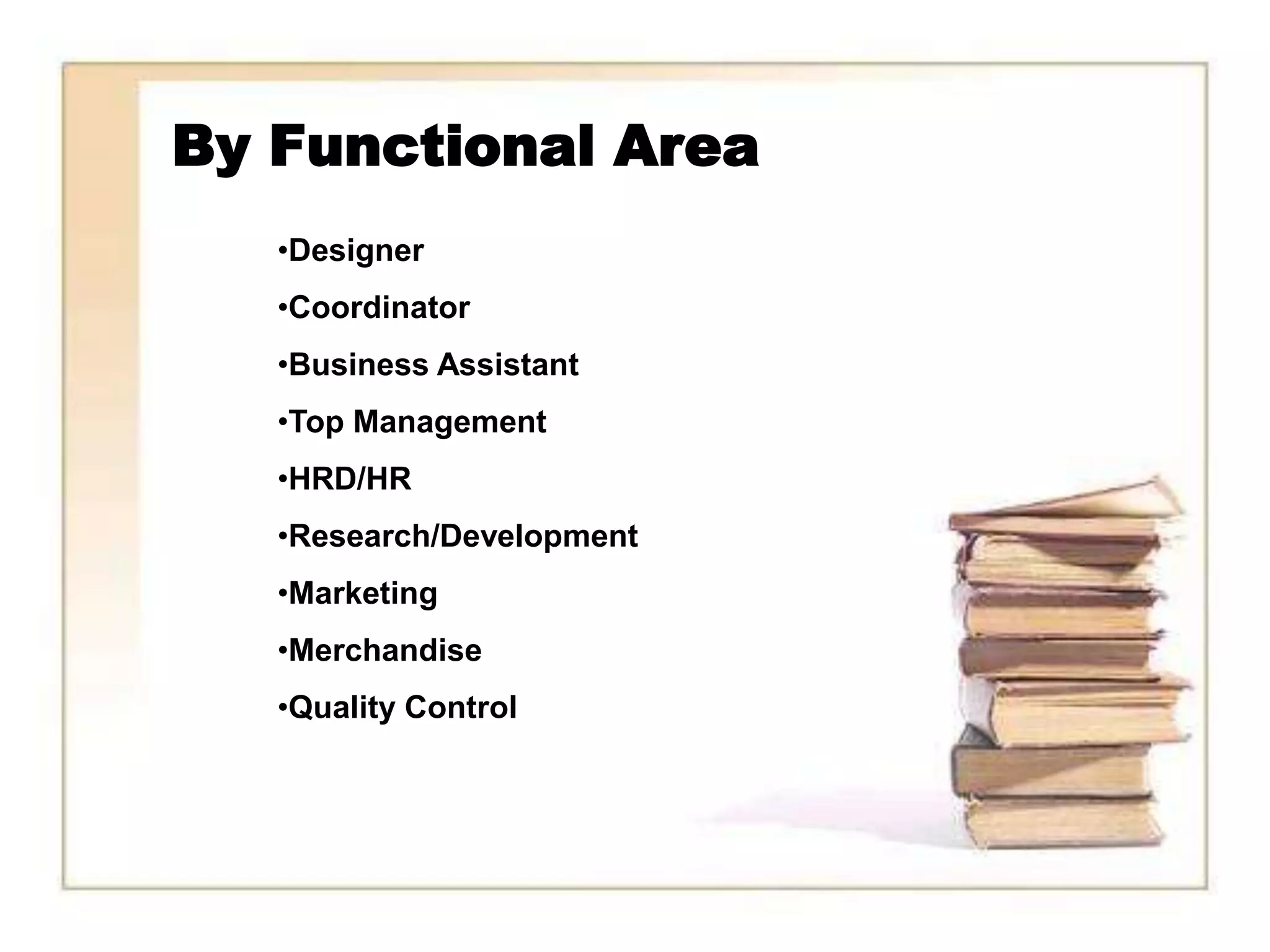 By Functional Area
   •Designer
   •Coordinator
   •Business Assistant
   •Top Management
   •HRD/HR
   •Research/Development
   •Marketing
   •Merchandise
   •Quality Control
 