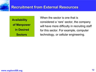 When the sector is one that is considered a ‘rare’ sector, the company will have more difficulty in recruiting staff for this sector. For example, computer technology, or cellular engineering.  Availability  of Manpower  in Desired Sectors  Recruitment from External Resources  