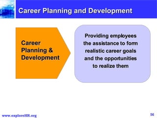 Career Planning and Development Providing employees the assistance to form realistic career goals and the opportunities to realize them Career Planning & Development 