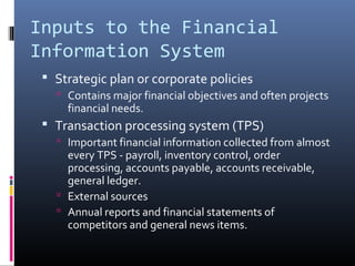 Inputs to the Financial
Information System
 Strategic plan or corporate policies
 Contains major financial objectives and often projects
financial needs.
 Transaction processing system (TPS)
 Important financial information collected from almost
every TPS - payroll, inventory control, order
processing, accounts payable, accounts receivable,
general ledger.
 External sources
 Annual reports and financial statements of
competitors and general news items.
 